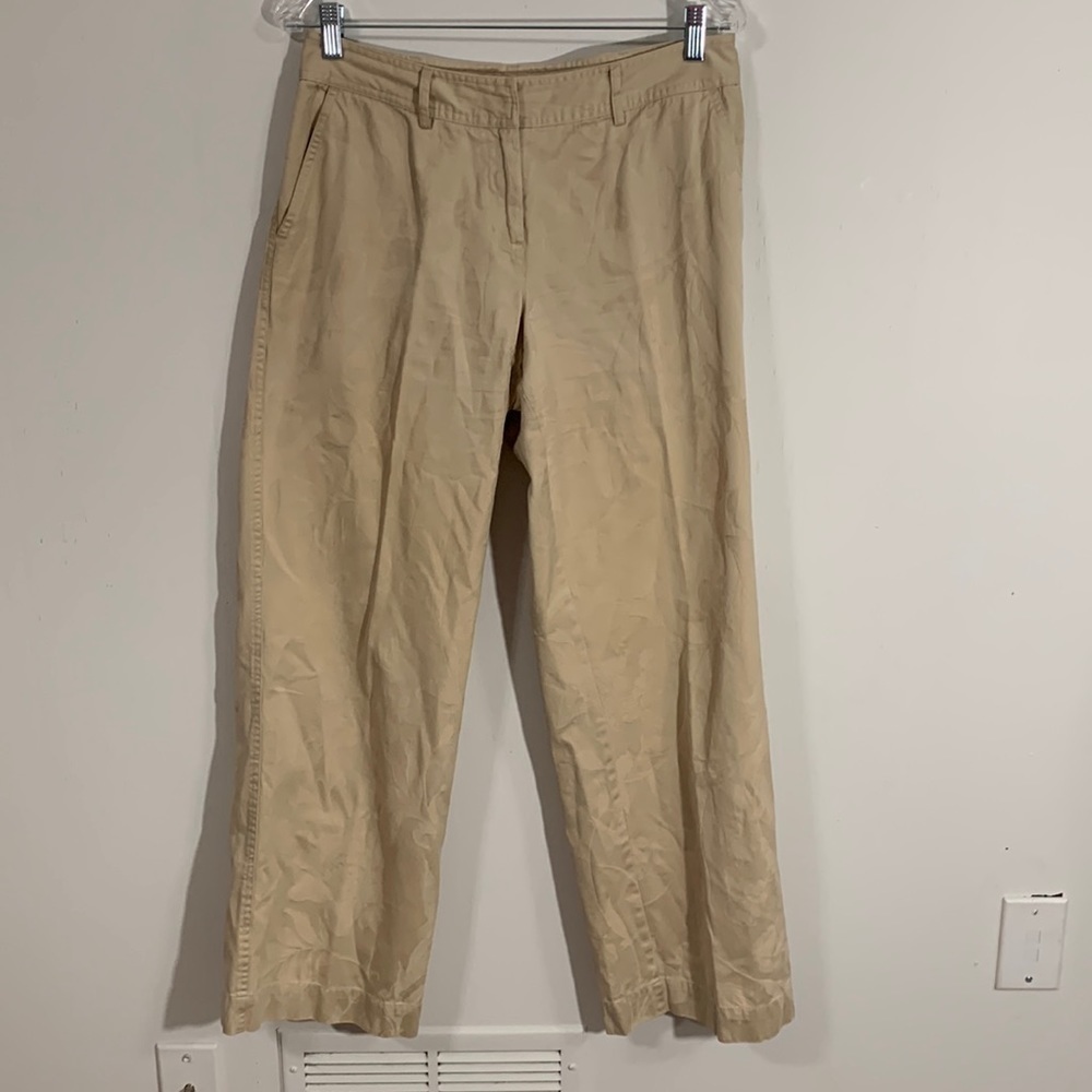 J Jill cotton slacks with floral detail seen close up, have a slight satiny feel